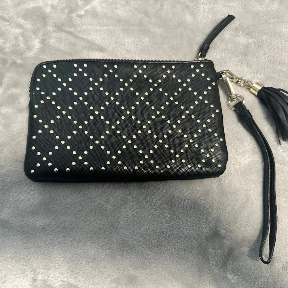 Victoria's Secret‎ Studded Wristlet Clutch Black Tassel Zip Wallet New